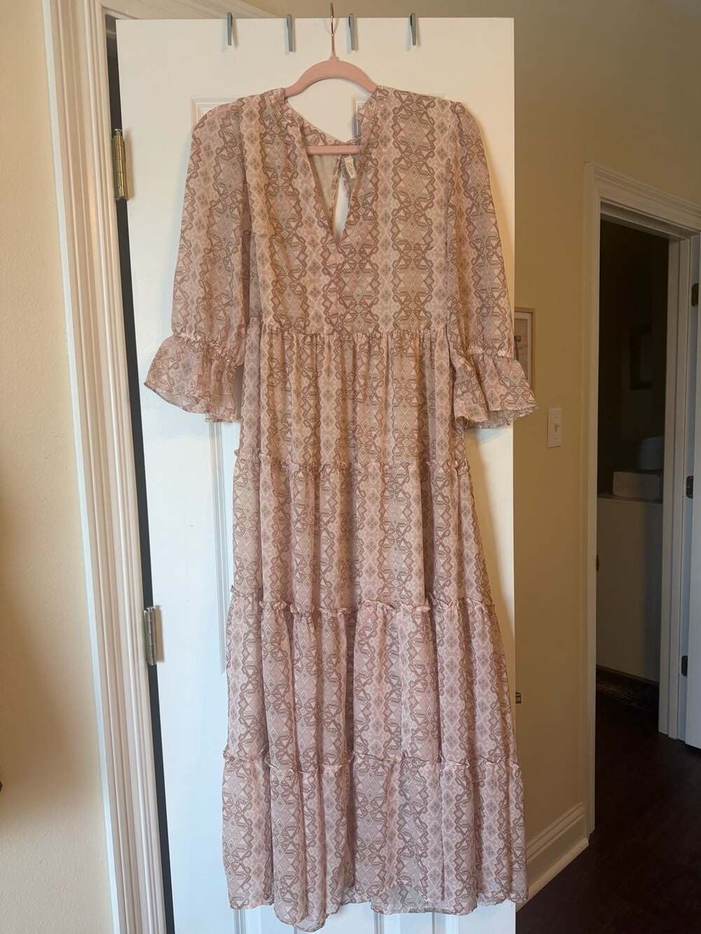 Elan Women's Pink and Cream Aztec Tribal Print Tiered Maxi Dress